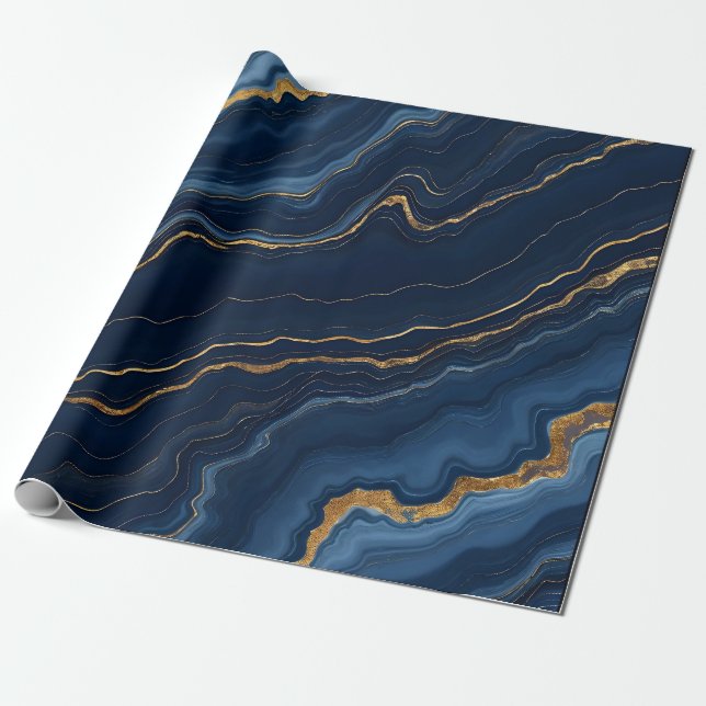 Modern Navy Blue Gold Marble Collection Wrapping Paper (Unrolled)