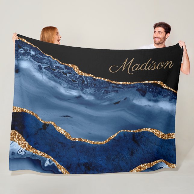 Modern Navy Blue Gold Marble Glitter Monogram Fleece Blanket (In Situ)