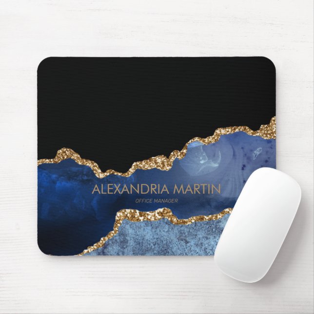 Modern Navy Blue Gold Marble Glitter Office Mouse Mat (With Mouse)