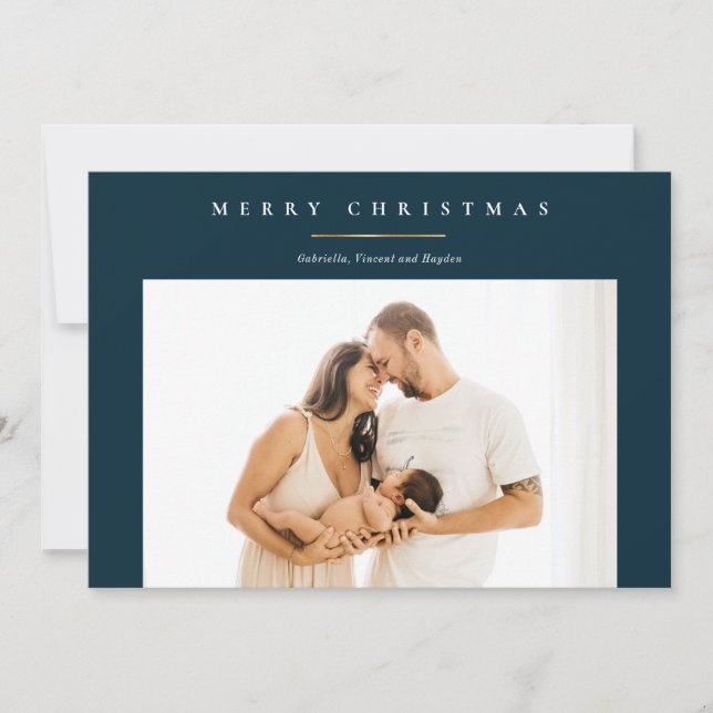 Modern Navy Blue Gold Merry Christmas Photo Card (Front)