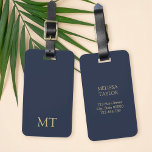 Modern Navy Blue Gold Minimalist Initial Monogram Luggage Tag<br><div class="desc">Create your own personalised monogram luggage tag with custom initials and name in gold colour typography on navy blue background.</div>
