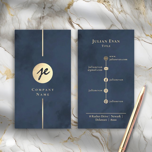Modern Navy Blue & Gold Monogram Business Card (Modern Navy Blue & Gold Monogram Business Card)