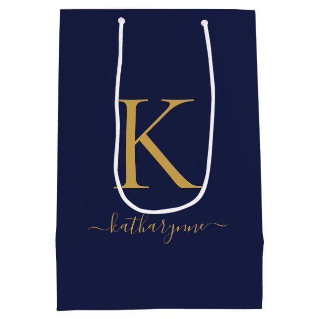 Modern Navy Blue Gold Monogram Name Medium Gift Bag (Back)