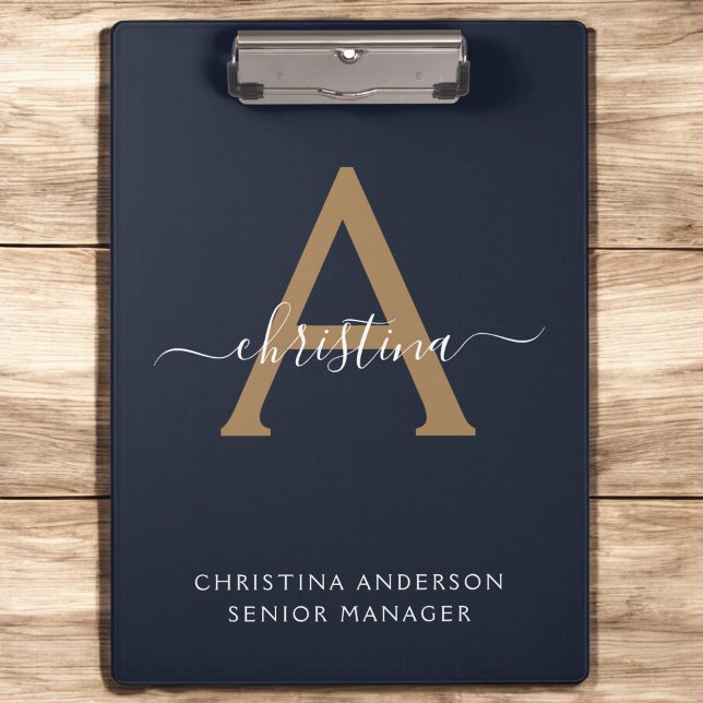 Modern Navy Blue Gold Monogram Script Name Initial Clipboard (Creator Uploaded)