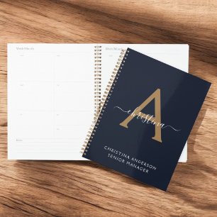 Modern Navy Blue Gold Monogram Script Name Initial Planner