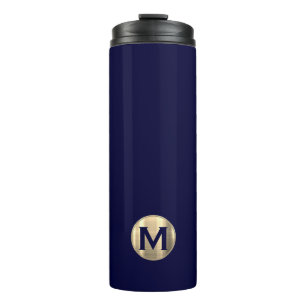 Modern Navy Blue Gold Monogram Thermal Tumbler