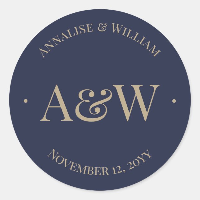 Modern Navy Blue Gold Monogram Wedding Classic Round Sticker (Front)