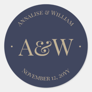 Modern Navy Blue Gold Monogram Wedding Classic Round Sticker
