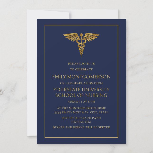 Modern Navy Blue Gold Nursing School Graduate  Invitation (Front)