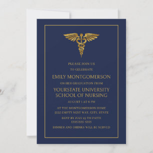 Modern Navy Blue Gold Nursing School Graduate Invitation