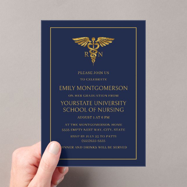 Modern Navy Blue Gold Nursing School RN Graduate Acrylic Invitations (Insitu (Handheld))