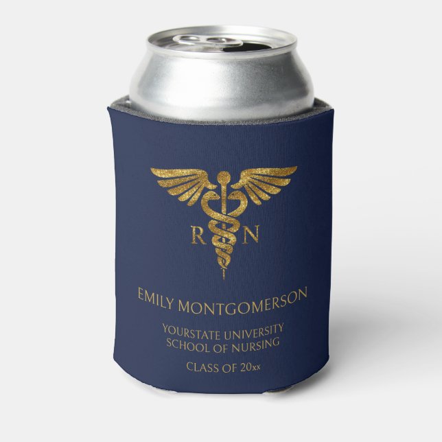 Modern Navy Blue Gold Nursing School RN Graduation Can Cooler (Can Back)