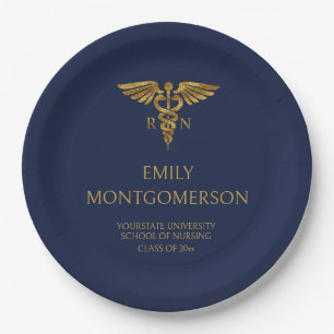 Modern Navy Blue Gold Nursing School RN Graduation Paper Plate