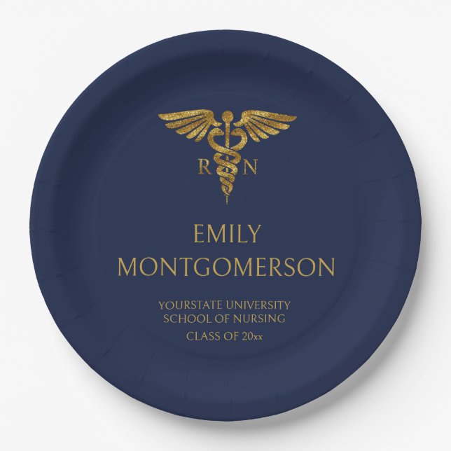 Modern Navy Blue Gold Nursing School RN Graduation Paper Plate (Front)