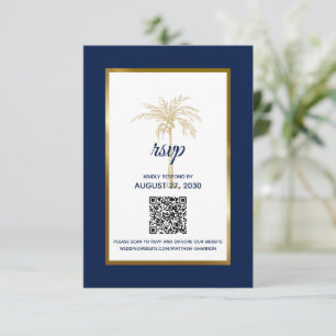 Modern Navy Blue Gold Palm Tree Modern Wedding RSVP Card