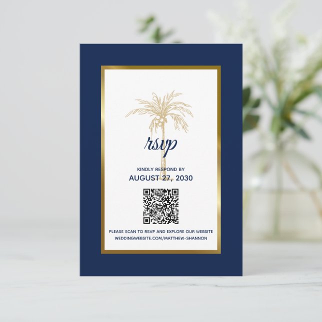 Modern Navy Blue Gold Palm Tree Modern Wedding RSVP Card (Standing Front)