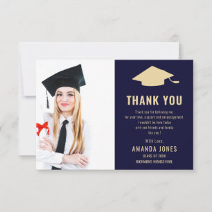 Modern Navy Blue Gold Photo Graduation Thank You Card