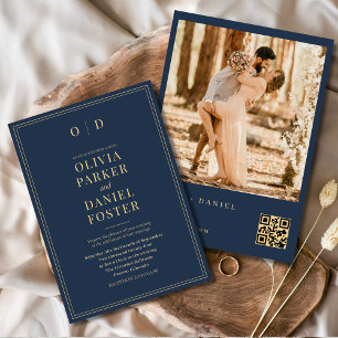 Modern Navy Blue Gold Photo QR Code Wedding Invitation