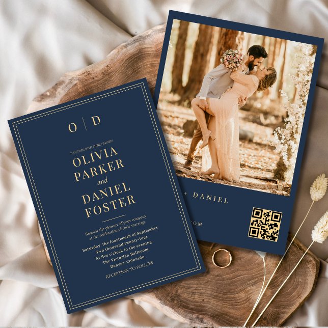 Modern Navy Blue Gold Photo QR Code Wedding Invitation (Creator Uploaded)