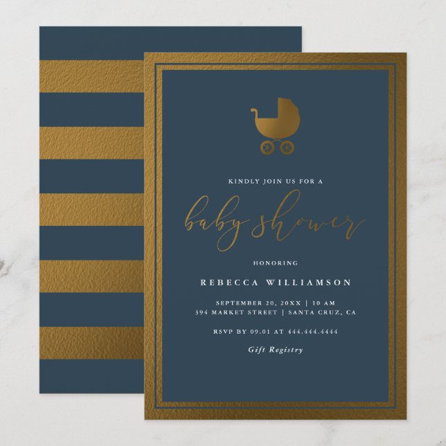 Modern Navy Blue & Gold Pram Boy Baby Shower Invitation (Front/Back)