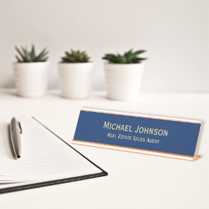 Modern Navy Blue Gold Professional Business Office Desk Name Plate