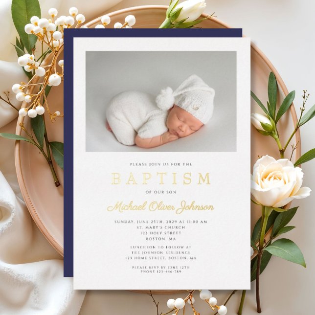 Modern Navy Blue Gold Script Photo Boy Baptism (Modern Navy Blue Gold Script Photo Boy Baptism Foil Invitation)