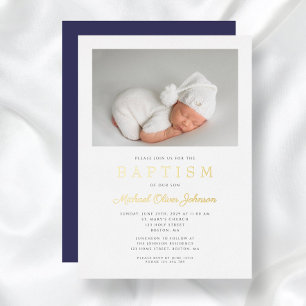 Modern Navy Blue Gold Script Photo Boy Baptism