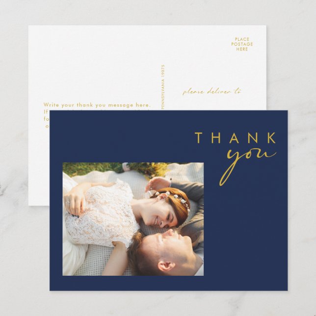 Modern Navy Blue | Gold Script Photo Thank You Postcard (Front/Back)