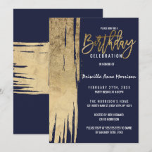 Modern Navy Blue Gold Simple Brushstrokes Birthday