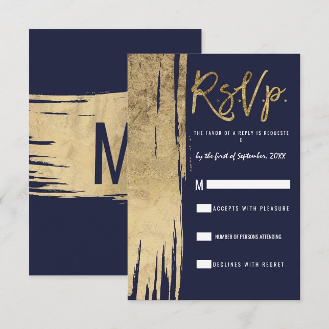 Modern Navy Blue Gold Simple Brushstrokes RSVP Invitation (Front/Back)