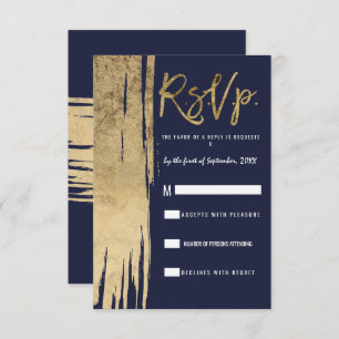 Modern Navy Blue Gold Simple Brushstrokes RSVP Invitation