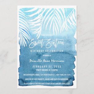 Modern Navy Blue Gold Simple Brushstrokes Sweet 16 Invitation