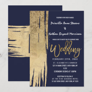 Modern Navy Blue Gold Simple Brushstrokes Wedding Invitation