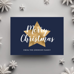 Modern Navy Blue Gold Star Merry Christmas Postcard