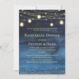 Modern Navy Blue Gold String Lights Rehearsal  Invitation
