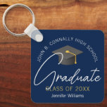 Modern Navy Blue Graduate Custom 2025 Graduation Key Ring<br><div class="desc">This modern navy blue custom senior graduate keychain features your high school or college name for the class of 2025. Customise with your graduating year under the chic handwritten script and grey grad cap for a great personalised graduation key chain gift.</div>