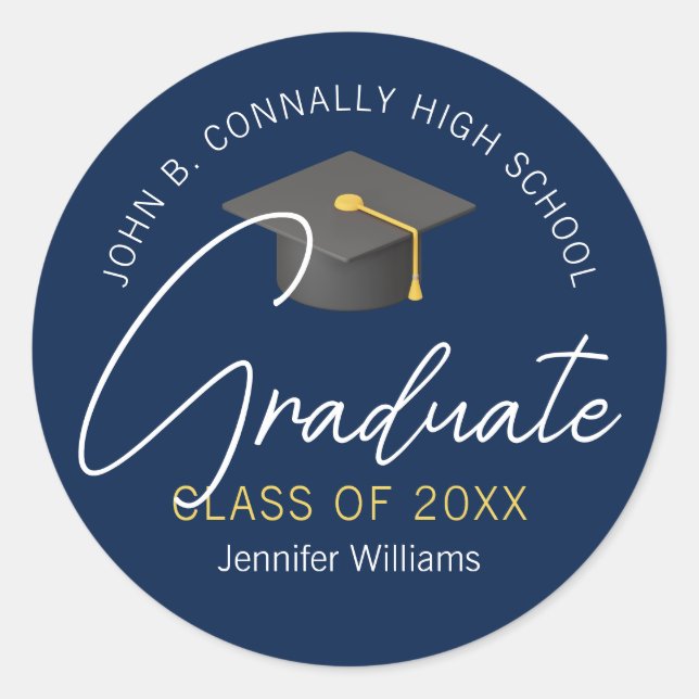 Modern Navy Blue Graduate Custom Graduation Party Classic Round Sticker (Front)
