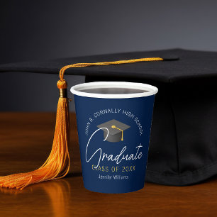 Modern Navy Blue Graduate Custom Graduation Party Paper Cups