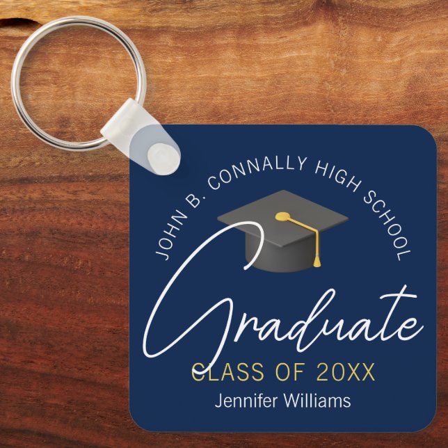 Modern Navy Blue Graduate Customised Graduation Key Ring (Front)