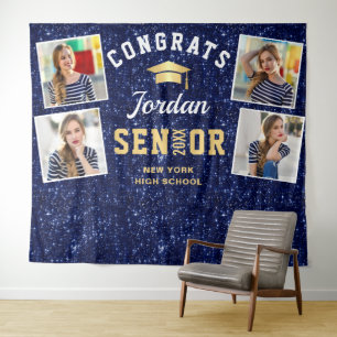 Modern Navy Blue Graduation 4 Photo Booth Backdrop Tapestry