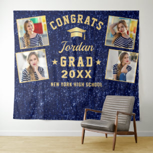 Modern Navy Blue Graduation 4 Photo Booth Backdrop Tapestry