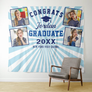 Modern Navy Blue Graduation 4 Photo Booth Backdrop Tapestry