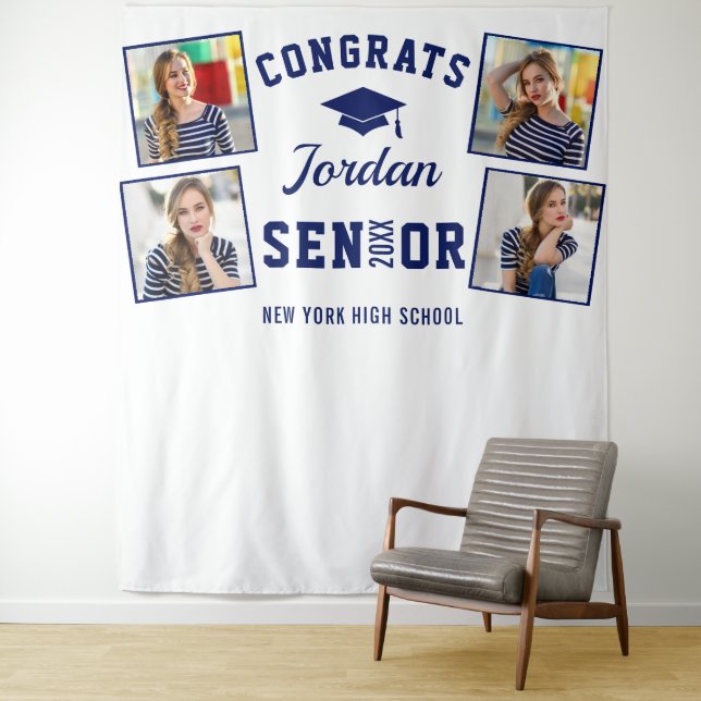 Modern Navy Blue Graduation 4 Photo Booth Backdrop Tapestry (In Situ)