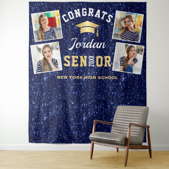 Modern Navy Blue Graduation 4 Photo Booth Backdrop Tapestry (In Situ)