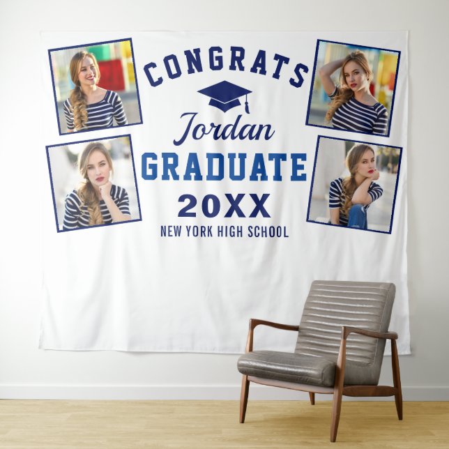 Modern Navy Blue Graduation 4 Photo Booth Backdrop Tapestry (In Situ (Horizontal))