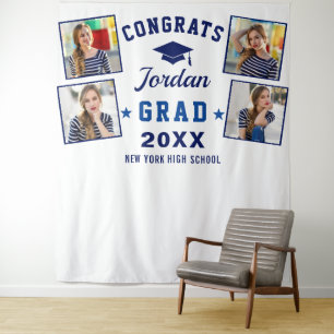 Modern Navy Blue Graduation 4 Photo Booth Backdrop Tapestry