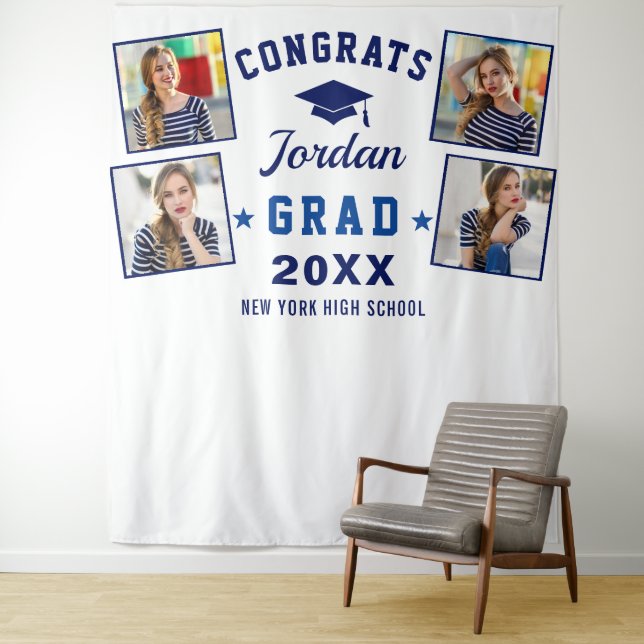 Modern Navy Blue Graduation 4 Photo Booth Backdrop Tapestry (In Situ)