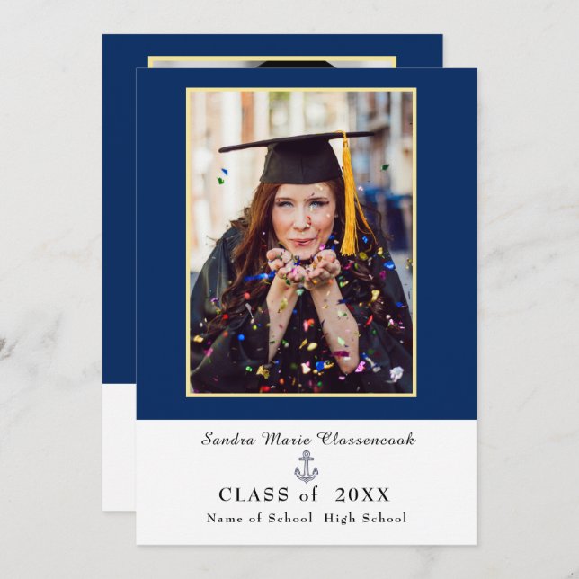 modern navy blue  graduation announcement (Front/Back)