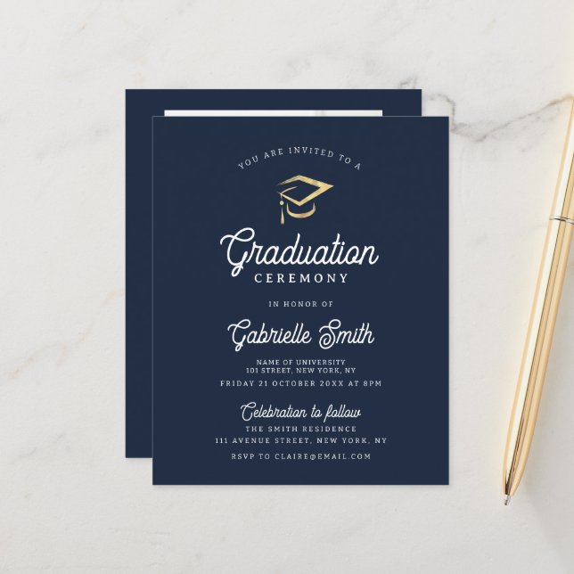modern navy blue graduation ceremony invitation (Front/Back In Situ)