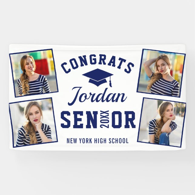 Modern Navy Blue Graduation Class of 2024 4 PHOTO Banner (Horizontal)